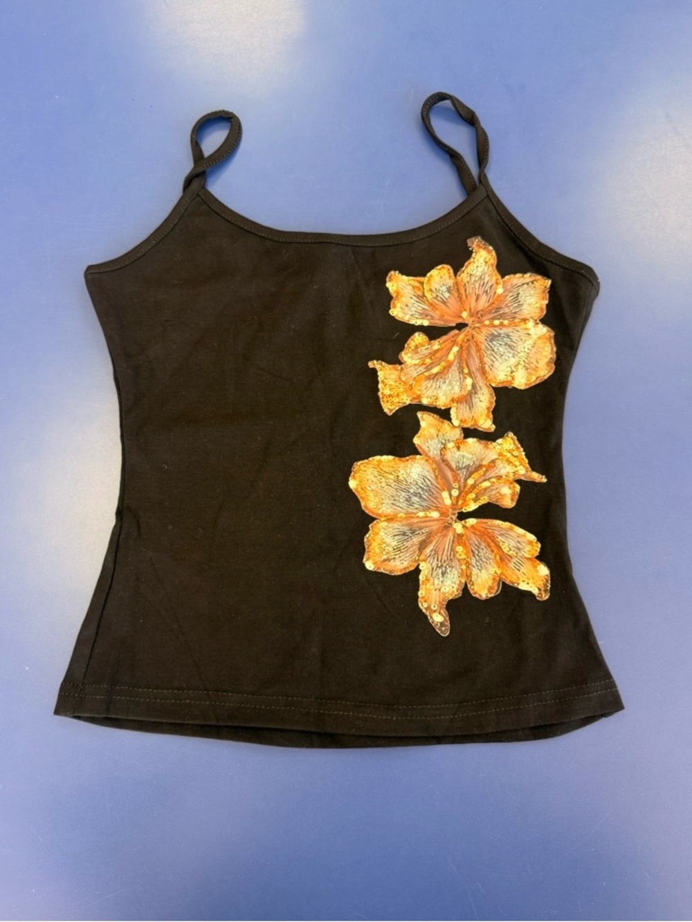 Black Floral Appliqué Spaghetti Strap Tank Top